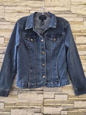 Charter Club Petite Denim Trucker Jacket Womens PM Blue Medium Wash Stretch